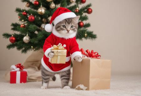 cute little kitten in a red christmas costume with a santa hat walking on two legs placing a present under a christmas tree, happy, proud, walking on two legs, sack of presents, hyper-detailed, vivid colors, high res, hyper-detailed, ultra-sharp, professional photo