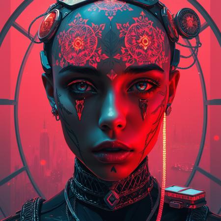 Dreamscape Dreamscape Dreamscape concept art (style of Conrad Roset) (portrait) a cyberpunk sci-fi. Digital artwork, illustrative, painterly, matte painting, highly detailed. Surreal, ethereal, with vibrant red hues, under water tinted red, inside an underwater dome city. First-person perspective, very close-up shot of the face, and extremely detailed facial features with glowing, intricate patterns. The subject's face is adorned with bioluminescent tattoos and ornate accessories that shimmer brilliantly. The background shows the faint outlines of a sprawling underwater cityscape through the red-tinted water, with floating particles adding to the dreamlike atmosphere.
