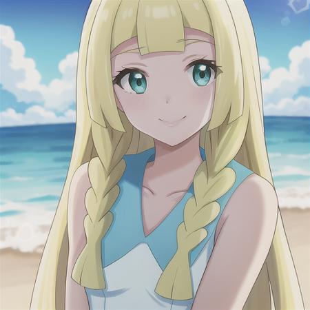 <lora:character_pokemon_lillie_v1:0.5> beach, 1girl, character_pokemon_lillie, solo, portrait, looking at viewer, smile, twin braids, dress