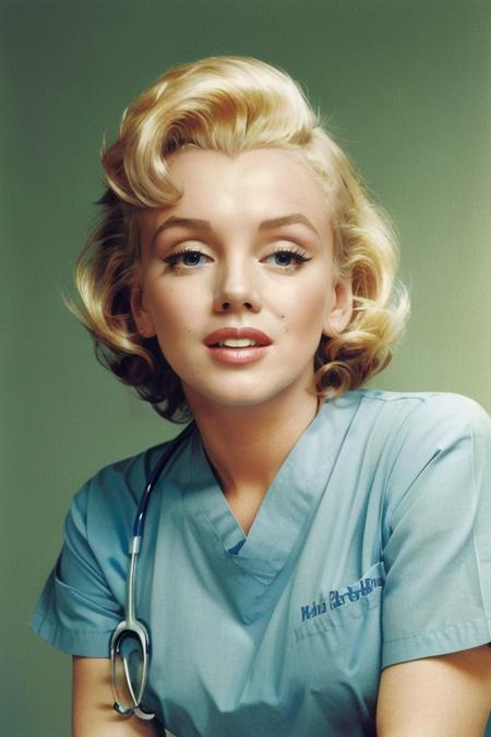 MarilynMonroe, (doctor, surgeon, hospital, blue scrubs, operating room), ((masterpiece, best quality, extremely detailed, perfect face, perfect body:1.2)), full body, standing, colorful