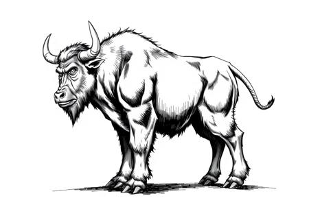 fantasy, ink art, comic style art, bull is standing with four feet, front orangutan's feet has 3 claws, muscular , looking at left