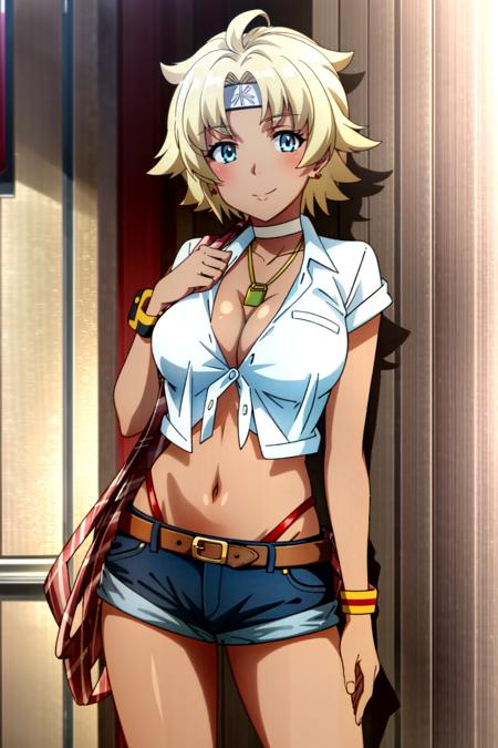 Emily Orange, 1girl, solo, transparent background, breasts, jewelry, blonde hair, short hair, blue eyes, large breasts, cleavage, dark skin, choker, headband, navel, hand on hip, dark-skinned female, earrings, shirt, necklace, wristband, looking at viewer