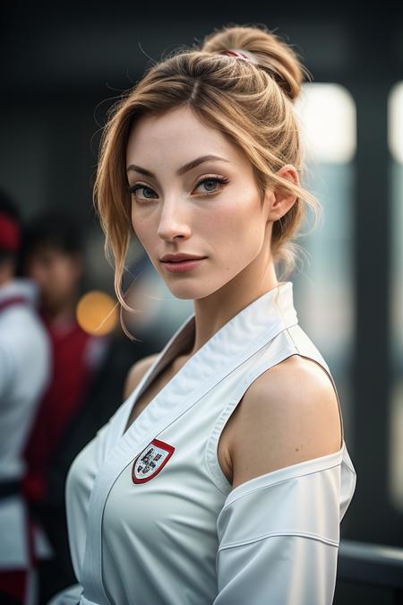 beautiful woman (EP4vor1:.99): a woman in (A disciplined taekwondo dojang with students in white uniforms practicing high kicks and forms :1.1), perfect hair, hair upsweep updo, wearing sexy (red power dress with shoulder pads), (people in background:1.1), (face focus), modelshoot style, (extremely detailed CG unity 8k wallpaper), professional majestic (photography by Francesco del Cossa:1.1), 24mm, exposure blend, hdr, extremely intricate, High (Detail:1.1), dramatic, soft cinematic light, (looking at viewer), (detailed pupils), 4k textures, soft cinematic light, elegant, ((((cinematic look)))), soothing tones, insane details, hyperdetailed, ("In Jernau we trust!":1.1)