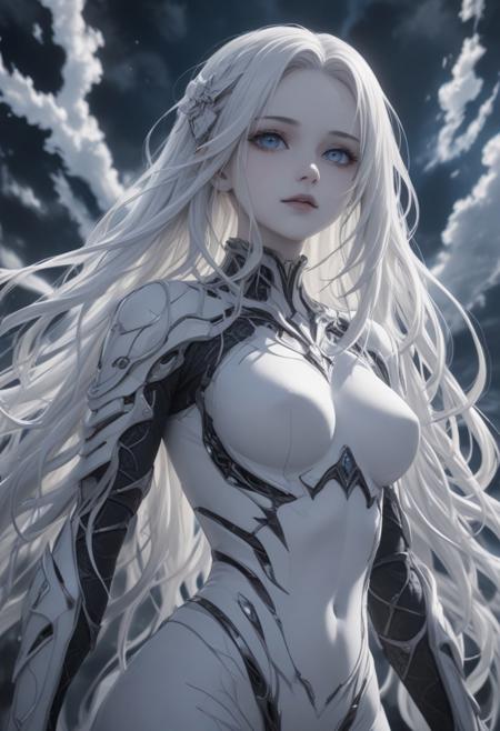 score_9, score_8_up, score_7_up, score_6_up, dynamic, (anime, masterpiece), best quality, (8k), detailed background, sharp focus, intricate, ambient lighting, super high quality, hyper detailed background, cinematic lighting, adult, double tone long white hair, medium breasts, verybadimagenegative_v1.3, air elemental, (very white skin:1.5), sky, air