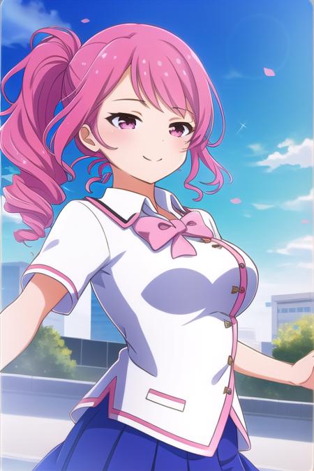 masterpiece, best quality, solo, upper body, ameyaerika, pink hair, drill hair, side ponytail, hair bow, swept bangs, pink eyes, white shirt, short sleeves, blue bowtie, blue skirt, pleated skirt, school uniform, smile.