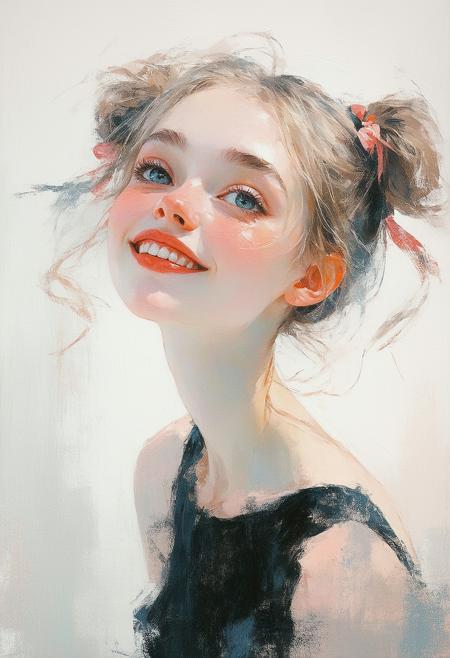 A cherubic 25 year old woman with windblown ash-blonde pigtails and blunt bangs obscuring her brows gazes warmly from an intimate, upward angle, her coral lips parted in a shy, blushing smile. Rendered in oil’s lush impasto with Yoshitomo Nara’s tender whimsy and Monet’s hazy pastels—blush pinks bleed into powder blues across her velveteen cheeks. Diffused light caresses stray gilt hairs framing azure eyes, while faint indigo ink rivulets seep through the ivory backdrop, contrasting the crisp black dress matte folds.