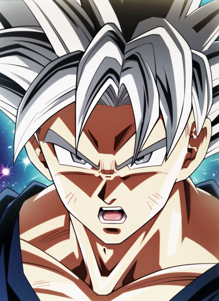 dbsuper style, ultra instinct, son goku, 
1boy, male focus, solo, open mouth, spiked hair, aura, looking at viewer, white hair, upper body, grey eyes, close-up, muscular, super saiyan, serious, grey hair
, ((masterpiece)) 
<lora:dbsuper_style_offset:1>