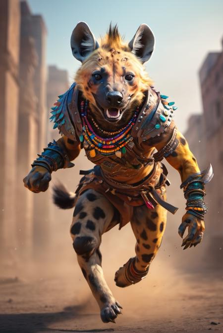 an illustration of a colorful hyena humanoid warrior, trending on artstation , fantasy art, running to battle , action pose