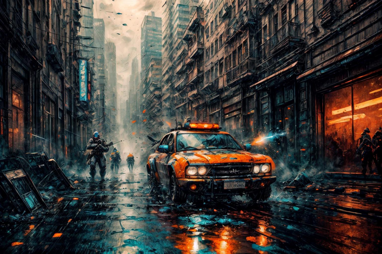 (RAW photo, 8k uhd, Analog style, Masterpiece, Best Quality, Highres:1.3), (dramatic, cinematic:1.2), BREAK,
movie shot of (ultra-detailed:1.1), (striped:1.3) (military:1.4) (cyberpunk:1.3) (battlecar:1.35) (armed with turret machine gun and grenade launchers:1.33) (rushing:1.3) through (cyberpunk city street:1.35), ((glossy:1.1) technological futuristic design:1.2), (drifting:1.3), (neon lights:1.1), (wet asphalt, reflections:1.2), (firing tires:1.35), (water splash, puddles:1.32), (debris:1.32), (steam:1.3), (frightened:1.1) (pedestrians:1.4), (bright day:1.15), (daytime:1.15) (cloudy sky, (rain:1.1):1.2), (skyscrapers:1.15), BREAK,
(photorealistic:1.2), (dutch angle:1.4), (light particles, colorful:1.2), (action movie scene, dynamic composition, fast, chasing:1.3), (motion blur, motion lines:1.3), (cyberpunk, science fiction, blockbuster, military vehicle, volumetric light:1.3), (daylight:1.2) (noir:0.5) (urban atmosphere, vehicle focus, cinematic tone, toxic, glowing, intricate, electricity, purple orange green color scheme, graffiti, (dust:1.1), no humans:1.2), BREAK,
<lora:more_details:1.0>,
<lora:zoom_slider_v1:2.0>