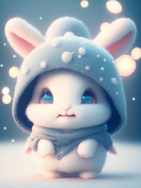 <lora:CuteAnimalsWearingKnitWoolHats:1>a cute little rabbit+snow-white fluffy,big bright eyes, sweet smile,sweet smile,sweet smile,dressed as a fashion model, wearing a blue Crystal texture Fashion suit, hat and handbag, snowwhite fluffy,big bright eyes, bright big eyes,standing, fluffy tail, winter rising, flowers and snow gently fluttering, extremely detailed 3d animation rendering symmetrical center position, super lifelike, super detailed, luxurious, 3, movie lights, super clear details, super transparent materials, closeup, complex texture, octane rendering, zbrush, 8k, super realistic ureal