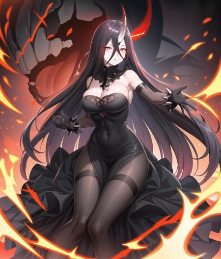 best quality, digital art, (outstretched arm:1.3),
BREAK
battleship water oni, abyssal ship, 1girl, red eyes, glowing eyes, serious, white skin, colored skin, horns, single horn, crossed bangs, black hair,  very long hair, hair between eyes, bare shoulders, cleavage, black dress, large breasts, strapless dress, frilled dress, (black gloves, elbow gloves, spiked bracelet:1.2), pantyhose, nice hands <lora:envybetterhandsLocon_beta2:0.6>