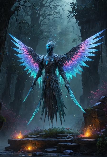 Subject: Glimmerwraith, Fantasy Realm. prompt: A Glimmerwraith, ethereal creature, glowing blue mist, iridescent wingspan, shimmering silver scales, bright pink, yellow, orange, green lighting. Camera angle: Low-angle shot from below. Drawing style: Realistic, Impressionist, Watercolor. Ultra HD, 4K, detailed, high-quality image of a Glimmerwraith amidst mystical fog, surrounded by ancient ruins and glowing orbs. Best quality, professional, Portrait, photo shoot,
