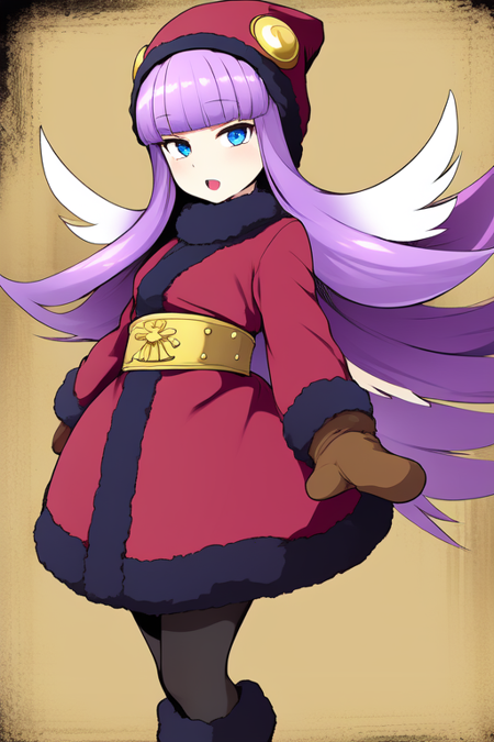 Muu Shuwuu, purple hair, white hair, two-tone hair, hair wings, blunt bangs, long hair, brown mittens, brown boots, white pantyhose, black fur trim, black fur collar, red coat, gold belt, blue eyes, blue lipstick:50.0, red hat, long sleeves