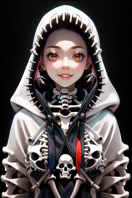 ((Masterpiece, best quality,edgQuality)),smile--, hoodie,edgBones, a woman in a hoodie made of bones ,wearing edgBones
 <lora:edgBoneHoodies:1>