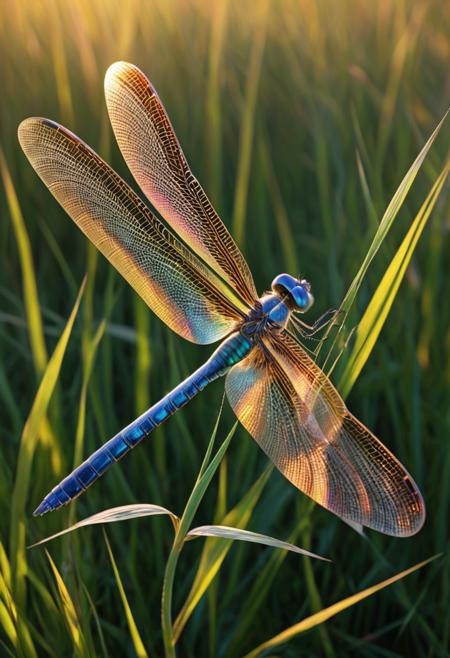 A  dragonfly (made out of fractangles) with delicate wings (made out of fractangles) on blade of grass, golden hour,  detailed, deep and fine, amazing, epiCPhoto, (Fractangles), realist, photo