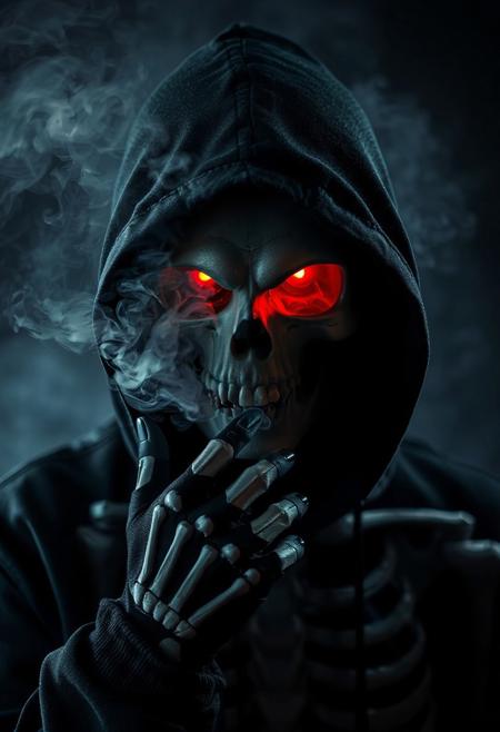 A scary picture of a person dressed as a skeleton. The person is wearing a black hooded jacket and has a black glove on their hand. The face of the skeleton is covered with a hood. The eyes of the skull are glowing red. There is a lot of smoke coming out of the person's face.