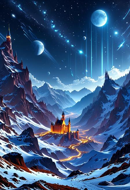 A captivating night scene illustration featuring a bright and inviting futuristic space base on a great  great mountain. The great technologically advanced base and mountain are much like Neuschwanstein Castle in Bavaria. Spaceships fly overhead. This enchanting artwork captures a dark but comforting night, where 2 brilliant moons hang above and over the  great valley  and advanced space fortress which  stands resolute amidst the great mountains, creating a cinematic experience., space_backround, illustration, cinematic
<lora:DonM3t3rn1tyXL-v1.1:0.7>, DonM3t3rn1tyXL,
OverallDetailXL  <lora:MJ52:0.3>  <lora:SDXLFaeTastic2400:0.4>  <lora:EpicF4nta5yXL:0.7>, GhostlyStyle , lthndrtrl