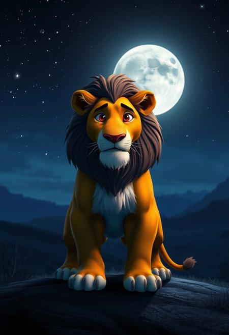 A majestic Pixar-style lion stands proudly in a moonlit night landscape. The camera frames the lion's regal pose against a serene, star-studded sky with a full moon casting a silver glow on the surrounding terrain. Soft, gentle lighting accentuates the lion's fur, while the dark shadows beneath its paws and around its eyes create depth.