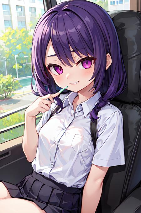 masterpiece,best quality,upper body,1girl,small breasts,collared_shirt and flared_skirt as material2,ff gradient,swapnote \(medium\),seating chart,purple hair,green sclera,evil smile,﻿from outside
Negative prompt: (worst quality, low quality:1.4), username, text, lowres, blurry, monochrome,NG_DeepNegative_V1_75T, EasyNegativeV2,nsfw,
Steps: 20, Sampler: DPM++ 2M Karras, CFG scale: 6, Seed: 2768815807, Size: 512x768, 