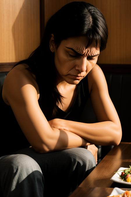 RAW photo of a woman sitting in a restaurant,  <lora:frowningSlider:2>