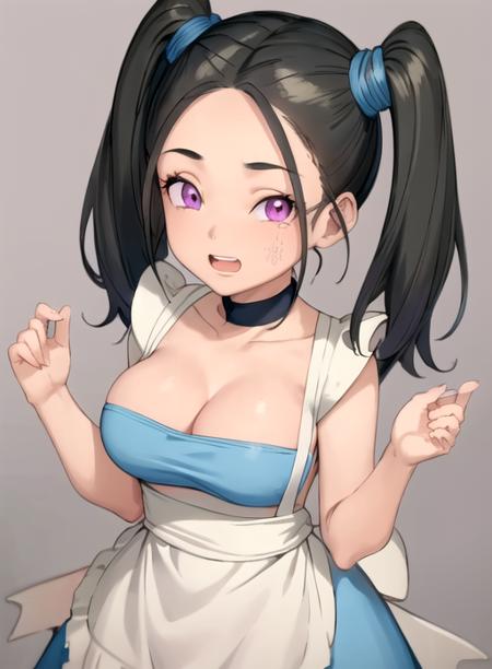 best quality, (masterpiece),(ultra-detailed), (high quality), (high resolution),, <lora:Bouquet:0.7>,1boy, 1girl, ^_^, apron, black background, black hair, bouquet, breasts, choker, cleavage, clenched teeth, large breasts, looking at viewer, medium breasts, open mouth, purple eyes, simple background, smile, solo, twintails