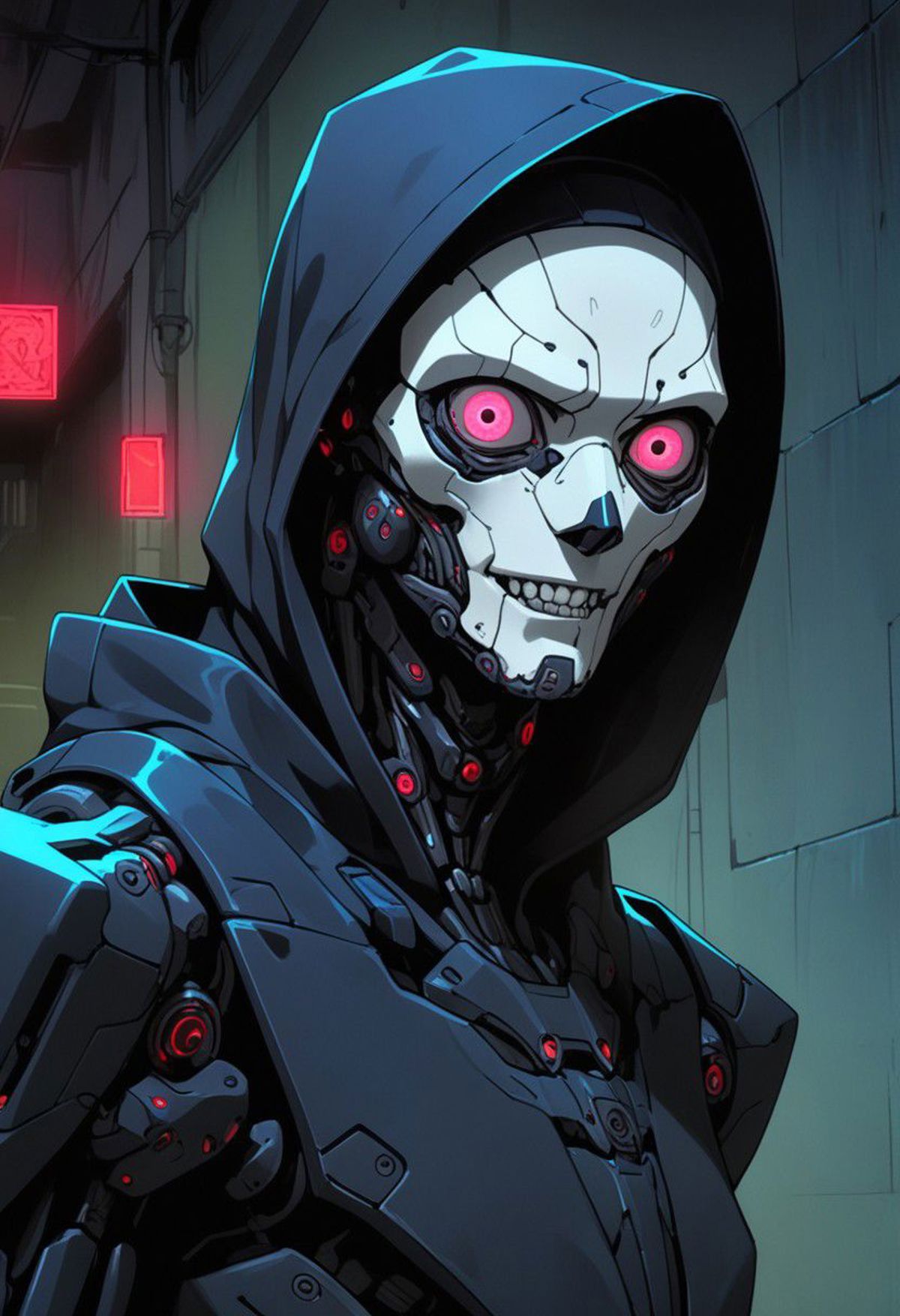 A robot with a hooded head and red eyes, wearing a black cloak.