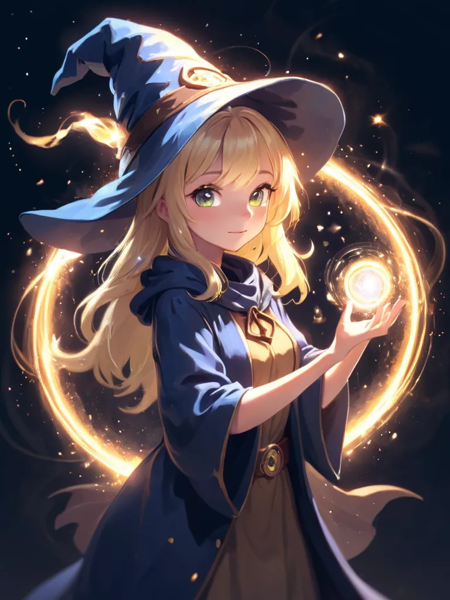 hires,best quality,blonde wizard girl ,wizard hat,magic circle,particles of light