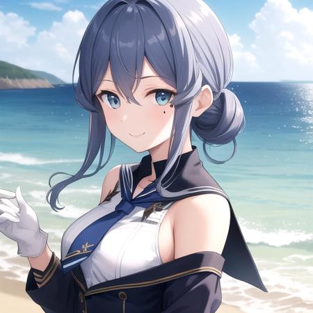 ((masterpiece)),(best quality),official art,extremely detailed CG,unity 8k wallpaper,ultra detailed,A lighthouse on a cliff by the sea,1girl,solo,upper body,(portrait:1.2),half_gloves,mole_under_eye,blue_hair,long_hair,military_uniform,blue_eyes,white_gloves,single_hair_bun,blue_skirt,blue_sailor_collar,black_necktie,collared_shirt,medium breasts,long_sleeves,hair_between_eyes,thigh_strap,rudder_footwear,looking_at_viewer,smile,black_neckerchief,blue_thighhighs,belt,<lora:Gotland(kan)>,