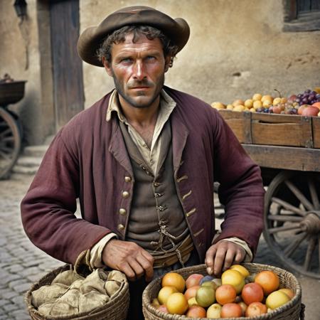 a medieval merchant wearing fine silk clothes, fruit cart, coin purse, dirty face, (faint of enigmatic smile:0.25), stern, looking at viewer, eye contact, portrait, vintage photo, cowboy shot,