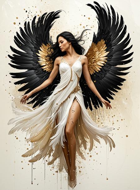 rating_safe, breathtaking detailed, masterpiece, absurdres, awe-inspiring, best quality, vibrant colors, a divine woman with majestic black wings, BREAK, floating gracefully against a soft ivory background, BREAK, dressed in flowing white silk garments adorned with gold jewelry, BREAK, (painterly textures) in the feathers and fabric, BREAK, subtle [ink splatter] and [paint splatter] surrounding the wings, BREAK, (dynamic lighting) highlighting the muscle contours and delicate shadows, BREAK, her long dark hair flowing with ethereal motion, BREAK, soft gradients from dark feathers to pale background, BREAK, stylized anatomy with elongated limbs and fine details in her face and hands, BREAK, abstract composition in the positioning of feathers and background splatters, BREAK, cinematic contrast between (deep blacks) of wings and the warm neutral tones of her body, BREAK, [char and coal] accents in the feather edges, BREAK, slight oil painting effect on her skin, BREAK, textured background with faded halo-like rings and blurred feather traces, BREAK, expressive color transitions from ivory to sepia wash toward the bottom, BREAK, subtle silhouette effect in the wing arcs<lora:sdxl_ta86artstyle.safetensors:1.0:1.0>
