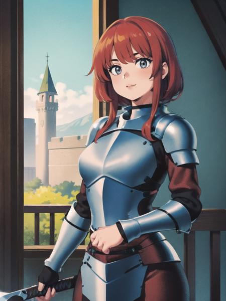 (best quality, masterpiece, illustration:1.1), 1girl, female knight, full metal armor, red hair, grey eyes, holding sword, castle, sidelighting, (cowboy shot:1.2), <lora:NoiseformV1:0.9>