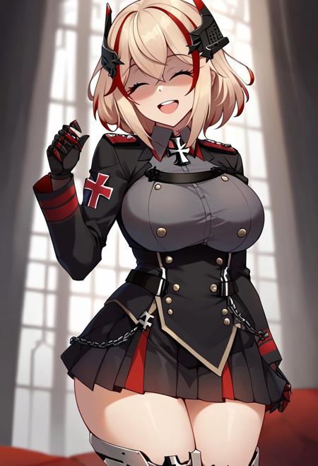 <lora:roon_pony_v1:1>1girl, roon \(azur lane\), score_9, score_8_up, score_7_up, BREAK source_anime, best quality, Maximum details, masterpiece, uncensored, highres, multicolored_hair, blonde_hair, streaked_hair, red_hair, short_hair, large_breasts, hair_between_eyes, brown_eyes, cross, gloves, iron_cross, Armored boots, Military uniform, Long sleeves,  ((Background Bedroom)), shocked, <lora:surprised_v200:1>, Squinting eyes, smile, open mouth, closed eyes, shaded face,