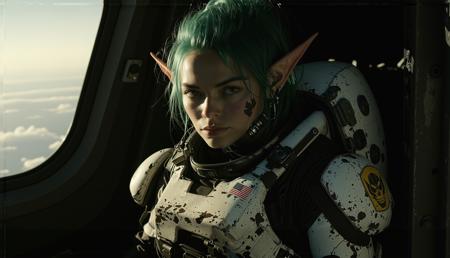 "A highly detailed, 8K photorealistic cinematic close-up of a spunky female goblin pilot, her teal mohawk and cybernetic eye implants glowing softly as she perches atop her battle-scarred mechs shoulder plate. The cargo planes open ramp floods the scene with golden daylight, casting dramatic shadows across her mint-green skin, smudged with oil and dust, while her impish freckled face reflects a mix of wonder and determination. Her patchwork flight suitadorned with mismatched squadron badges, hand-stitched repairs, and trinkets from past missionsflutters in the wind as she grips a protruding antenna for balance, her band-aid-covered knuckles and leather-wrapped fingers testament to countless battles. The mech beneath her is a masterpiece of whimsical engineering weathered industrial paint, glowing power conduits, and a goblin-face insignia scratched with pride. Just visible is its battle-worn helmet, its asymmetrical sensor array humming faintly. Outside, the Earth sprawls belowrolling landscapes, sunlit clouds, and the distant glow of their target zonerendered in a painterly, storybook style that contrasts the mechanical grit with breathtaking scale. The composition is dynamic, with a shallow depth of field emphasizing her expressive eyes, while the warm interior light clashes with the cool exterior hues, creating an atmosphere of adventure and tension. Textures range from the mechs scratched metal to her frayed clothing, all under a cinematic golden-hour glow. Shot with a 35mm lens for immersive intimacy, ultra-HDR, volumetric lighting."