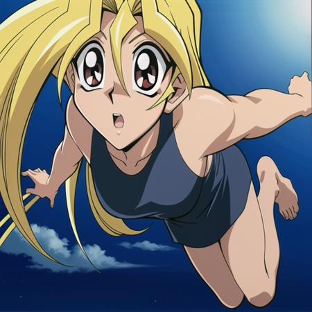 (masterpiece, best quality), TakahiroKagami, 1girl, orange eyes, big eyes, long hair, blonde, jumping, blue sky, <lora:takahirokagamiyugioh-overbaked:0.8>