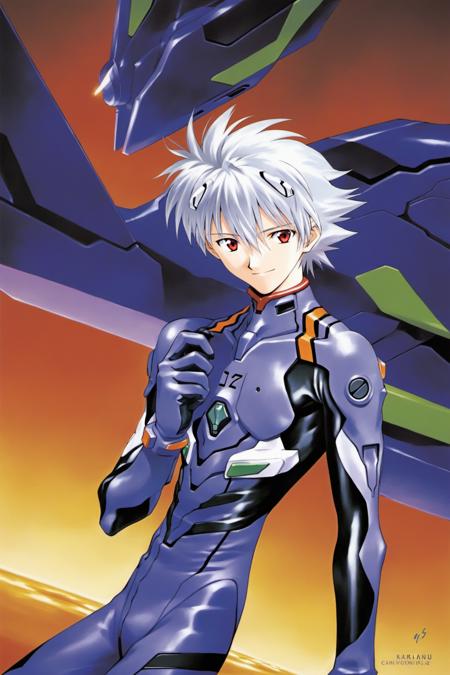 nagisa kaworu, plugsuit, male focus, 1boy, red eyes, solo, smile, bodysuit, grey hair, interface headset, looking at viewer, ikari shinji, pilot suit, crossed arms, <lora:Sadamoto Yoshiyuki_XL:0.8>