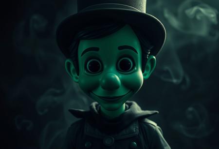 Generate a high-definition, 4K image of a Dark Element Pinocchio, characterized by a monochromatic green hue and square black pupils, centered within a Dieselpunk background. Incorporate eerie black smoke and utilize the reallusion character creator. Ensure the image adheres to the golden ratio and features micro, lifelike details along with dynamic shadows. The output should be in clear color with full dynamic range for edge-to-edge printing.