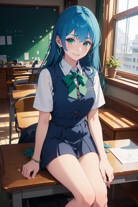 isabellaNorn,1girl,solo,((blue_hair)),long_hair,((green_eyes))blush,smile,happy,<lora:isabellaNornV2-000008:.8:OUTD>,jewelry, earring,indoors,highly_detailed,masterpiece,school uniform, sitting_on_desk,full_body