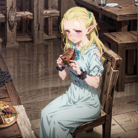 <lora:Dine001:0.7>,<lora:add_detail:1>,<lora:boldline:-0.8>,<lora:noline:0.3>,blush,
Di_ne,1elf,purple eyes,solo,
blue long dress,
indoor,log cabin,table,chair,meal,sitting,food,