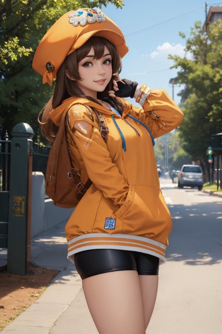 ggmay orange headwear hat skull and crossbones orange hoodie bike shorts orange footwear fingerless gloves backpack
