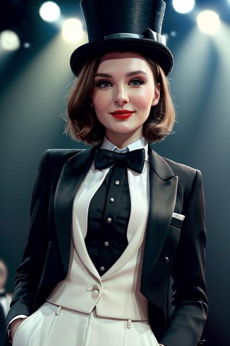 photo of a woman, laurens,((wearing a tuxedo jacket, shirt, bowtie, top hat, short hair):1.1), ((closeup, portrait)),((on stage, spotlights):1.2), ((red lipstick, makeup)), (smile), ((best quality, masterpiece, extreme details, high resolution):1.2),((detailed eyes, beautiful eyes, detailed face, beautiful face):1.2)