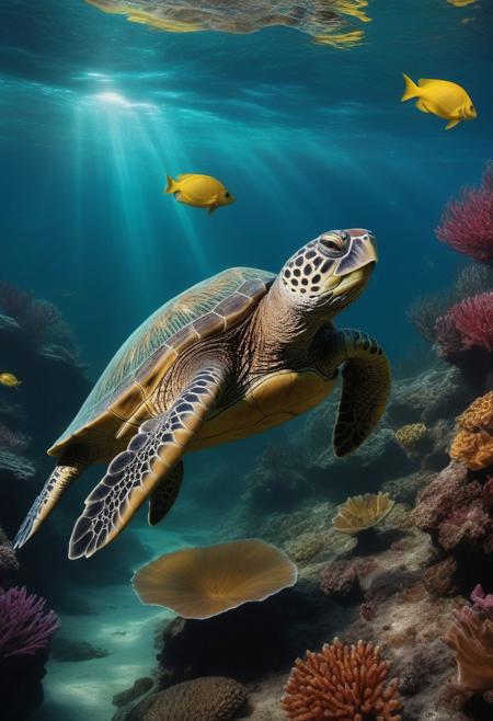 Create a ((wallpaper painting)) picture of one turtle underwater,  traditional finish, wallpaper style, vibrant beautiful colors, highly detailed, aesthetic, great lighting, extremely detailed,  award winning, perfect composition, a rich and complex image of nature, a vibrant tissue of hues and textures captured digitally, best quality, realistic, captivating, intricately detailed, hyper detailed, maximalist style, photorealist, sharp focus, dynamic lighting, superb composition, finest details, highest aesthetics, best quality, sharp focus, high contrast, stylized, clear, colorful, ultra quality, 8k, best quality, masterpiece,midjourneyv6.1, double exposure, g