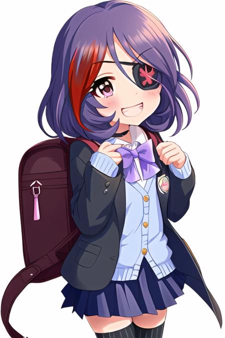 Hayasaka Mirei,
1girl, :d, backpack, bag, black thighhighs, blue bow, blue bowtie, blush, bob cut, bow, bowtie, cardigan, eyepatch, grin, hair between eyes, heart, lightning bolt symbol, multicolored hair, open mouth, pleated skirt, purple hair, red hair, school uniform, simple background, skirt, smile, solo, streaked hair, striped, striped bow, striped bowtie, thighhighs, zettai ryouiki
<lora:deresute-v1.2:1>