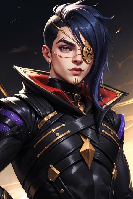 (masterpiece, best quality:1.2), intricate details, <lora:odyssey_kaynV2-000014:1>, odyssey kayn, 1boy, male focus, asymmetrical hair, asymmetrical clothes, eyepatch, upper body