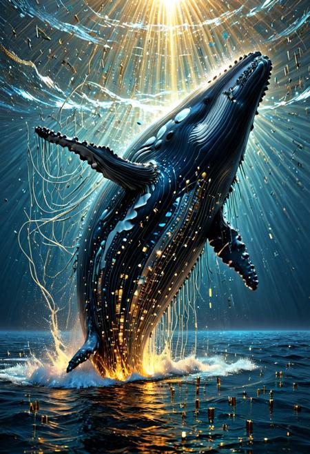 (masterpiece:1.2), best quality, ultra-detailed, (a majestic humpback whale breaching from a serene ocean of liquid data:1.3), its entire body is a breathtakingly intricate mosaic of glowing Transistors, shimmering silicon wafers, and delicate gold circuitry, (sunlight glinting off its technological hide, creating a dazzling spectacle of light and color:1.2), the water around it is a shimmering, translucent digital sea with binary code and data streams visible beneath the surface, ethereal, awe-inspiring, cinematic lighting, a single, central subject in portrait orientation, aidmaImageUpgrader