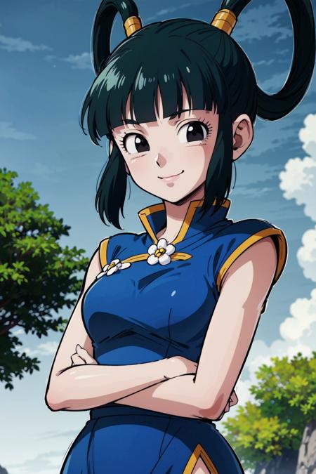 (8k, best quality, masterpiece:1.2), (finely detailed), detailed illustration,intricate,blue sky,grass,yurin, blue china dress,short dress, side slit, black eyes, dark green hair,hair rings,tree,upper body, smile, sleeveless, looking at looking at viewer,(flower brooch:0.8),yellow trim,(v arms),  solo