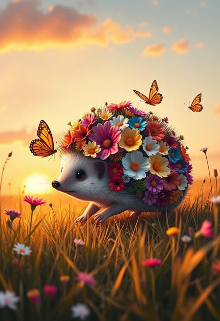 A hyper-stylistic, extremely detailed image depicts an adorable hedgehog, reminiscent of a Pixar film, covered in gorgeous, colorful flowers, playing joyfully in a sunset-filled meadow. The hedgehog's quills are adorned with a vibrant array of blooms, each one perfectly placed to create a stunning display of color and texture. The meadow around it is a kaleidoscope of warm, golden hues, with delicate, swaying grasses and a few wispy clouds drifting lazily across the sky. The hedgehog itself is a bundle of energy, its little legs moving quickly as it chases after a butterfly or plays with a flower. Every detail of the image is meticulously crafted, from the intricate, textured patterns of the flowers to the delicate, nuanced colors of the meadow. The overall effect is one of whimsical, sun-kissed joy, as if the viewer has stumbled upon a hidden treasure of natural beauty and wonder. highest-Quality, intricate details, visually stunning, Masterpiece