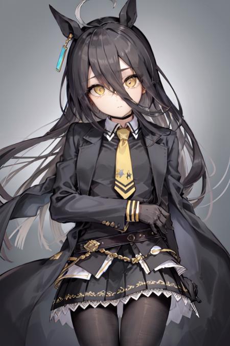 masterpiece, best quality, manhattan cafe \(umamusume\),
black gloves, yellow necktie, black pantyhose, black skirt, long sleeves, black vest, belt, closed mouth, black coat, jacket, collared shirt,
<lora:manhattan_cafe_lora:0.6>