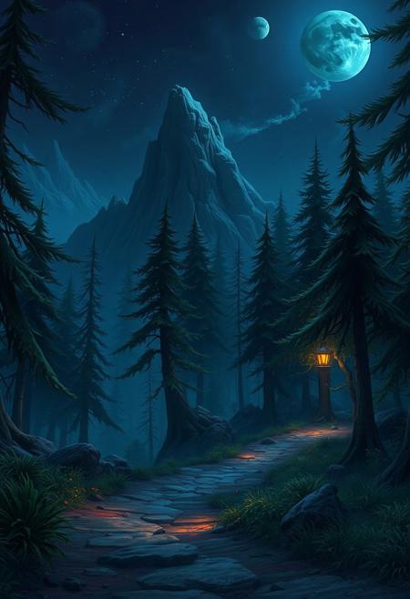 fantasy style, warcraft, video games, forest, night, mountains, path,
