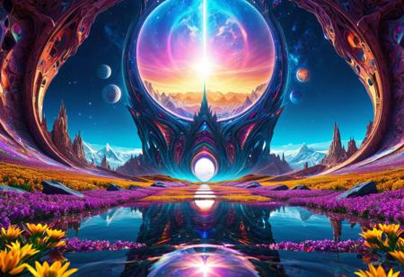 (masterpiece:1.5), extreme quality, reflection, surface reflection, Cinematic style, cinematic quality, ((no humans, no people)), photorealistic, realistic, a spectrum of iridescent colors, precise, fractal design, flowing curves, precision, colorful, fractal geometry, harmonic interference, digital illustration, photo manipulation, altered realities, fantastical scenes, digital artistry, striking visuals, sharp focus, detailed background, light reflection, futuristic and fantasy of boundless opportunities and architecture,  beautiful fantasy scenery on a distant world, very aesthetic, fantasy  scenery, highly detailed landscape, enormous majestic mountains with snow on top, magnificent Open Fields with multicolored flowers, enormous alien trees and forests, alien sky,