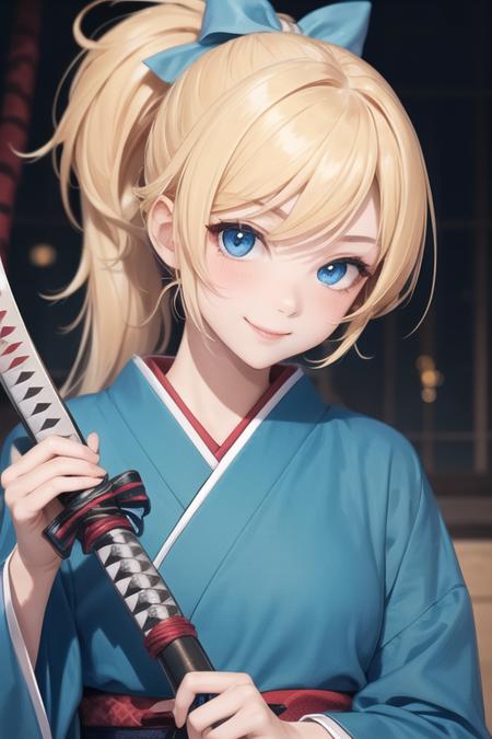 1girl,blonde hair,ponytail, japanese,cute face,smile,light blue eyes, ninja, katana,holding weapon, hair ribbon,